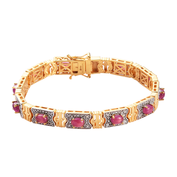 African Ruby (FF) and Natural White Zircon Bracelet (Size 7.5) in 14K Gold and Platinum Overlay Ster