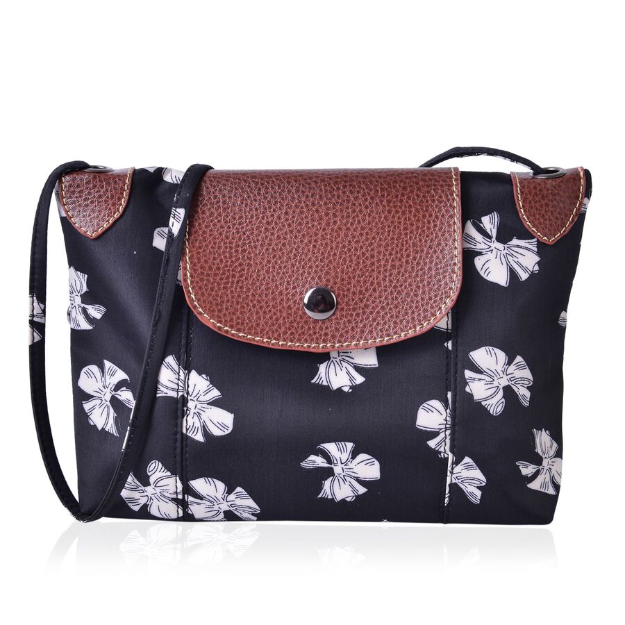 Black and White Colour Bow knot Pattern Crossbody Bag with External Zipper Pocket and Shoulder ...