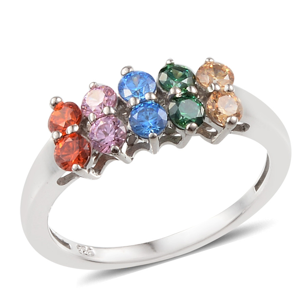 Lustro Stella - Platinum Overlay Sterling Silver (Rnd) Ring Made with Green, Yellow, Pink, Orange an