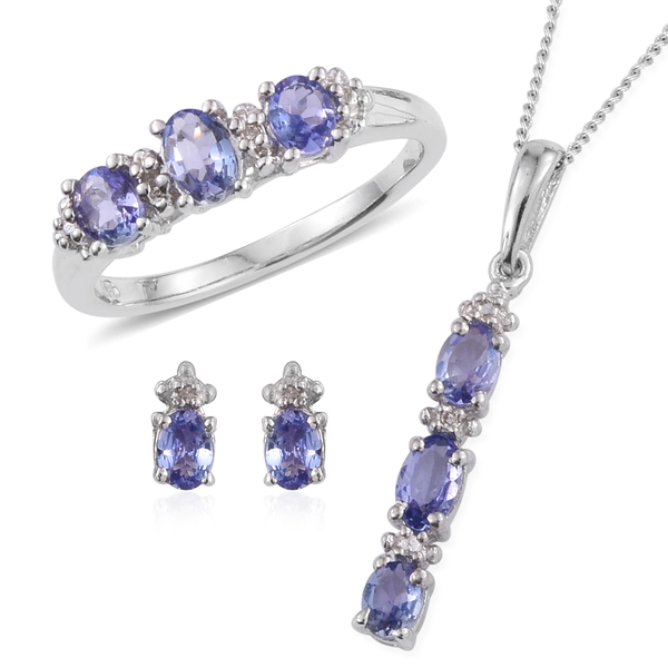 Tanzanite (Ovl), Diamond Ring, Pendant with Chain and Stud Earrings (with Push Back) in Platinum Ove