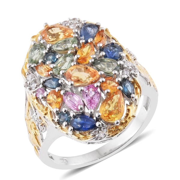 4.81 Ct Yellow Sapphire and Multi Gemstone Cluster Ring in Platinum and Gold Plated Silver