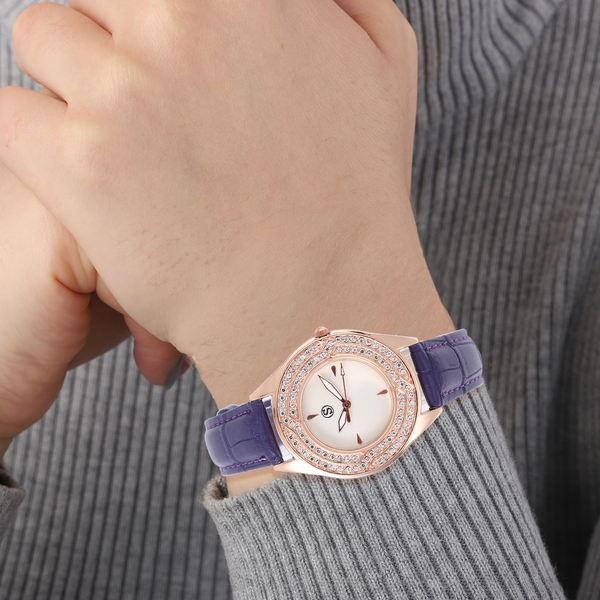 STRADA Japanese Movement White Dial Crystal Studded Water Resistant Watch with Purple Colour Strap