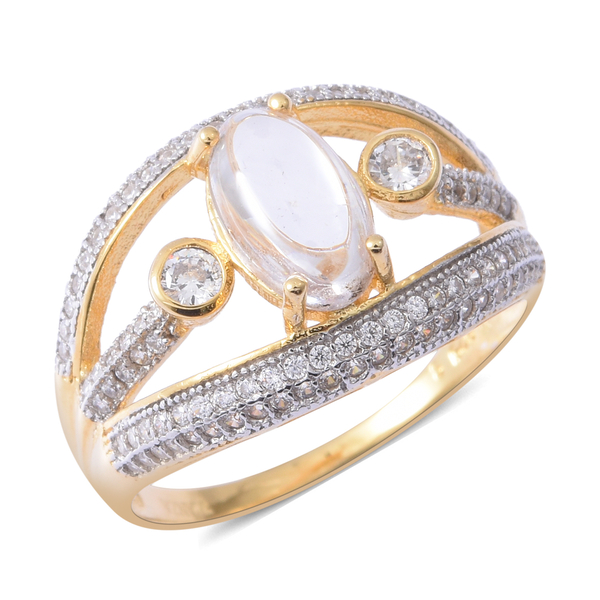 ELANZA  Simulated Diamond (Rnd), Simulated Milky Opal Ring in Rhodium and Yellow Gold Overlay Sterli