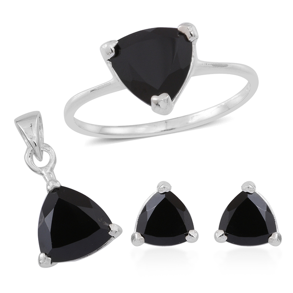 Boi Ploi Black Spinel (Trl) Solitaire Ring, Pendant and Stud Earrings (with Push Back) in Sterling S