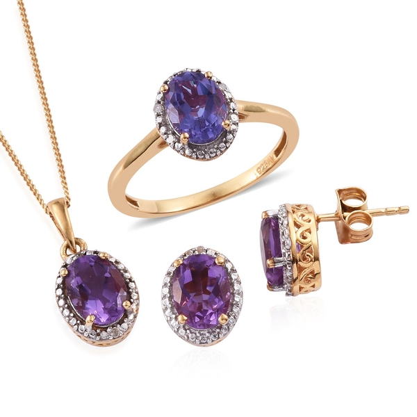 Lavender Alexite (Ovl), Diamond Ring, Pendant With Chain and Stud Earrings (with Push Back) in Plati