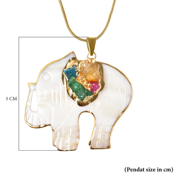 White Shell Pearl and Multi Colour Drusy Quartz Elephant Pendant with Chain (Size 24 with 2 inch Extender) in Yellow Gold Tone