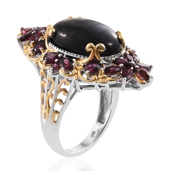 Shungite (Ovl 9.50 Ct), Rhodolite Garnet Ring in Platinum and Yellow Gold Overlay Sterling Silver 13.500 Ct. Silver wt 9.10 Gms.