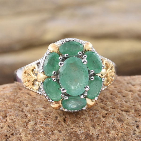 Kagem Zambian Emerald (Ovl 1.00 Ct) 7 Stone Floral Ring in Platinum and Yellow Gold Overlay Sterling Silver 2.250 Ct.