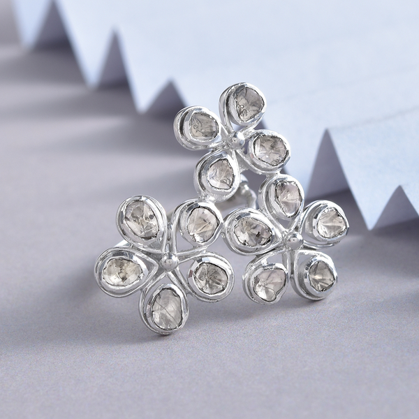 GP Polki Diamond, Kanchanaburi Blue Sapphire Ring in Platinum Overlay Sterling Silver 1.02 Ct, Silve