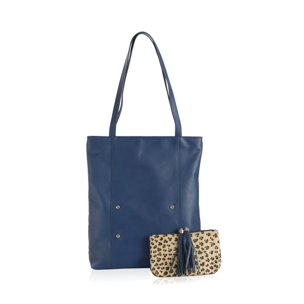 Elizabeth Genuine Leather Blue Colour Tote Bag with Removable Leopard Pattern Beige Colour Pouch (Size 38x37 Cm and 21x13 Cm)