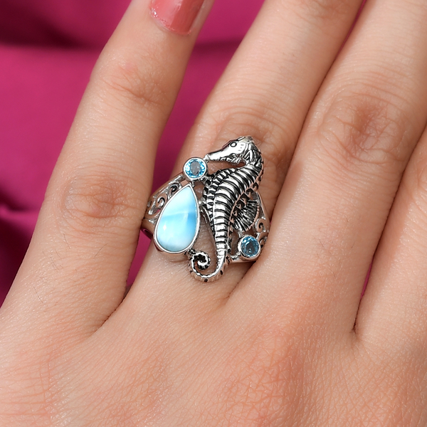 Sajen Silver NATURES JOY Collection- Larimar and Doublet Quartz Enamelled Seahorse Ring in Sterling Silver 1.08 Ct.