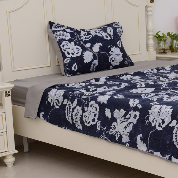3 Pcs Microfibre Printed Fabric with Blue Duvet Cover (Size 200x140 Cm), Grey Fitted Sheet (Size 220x90 Cm) and Pillow Case (Size 75x50 Cm)