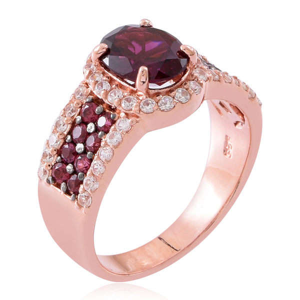 Rhodolite Garnet (Ovl 2.25 Ct), Natural White Cambodian Zircon Ring in Black Rhodium and Rose Gold Overlay Sterling Silver 4.150 Ct. Silver wt 5.70 Gms.