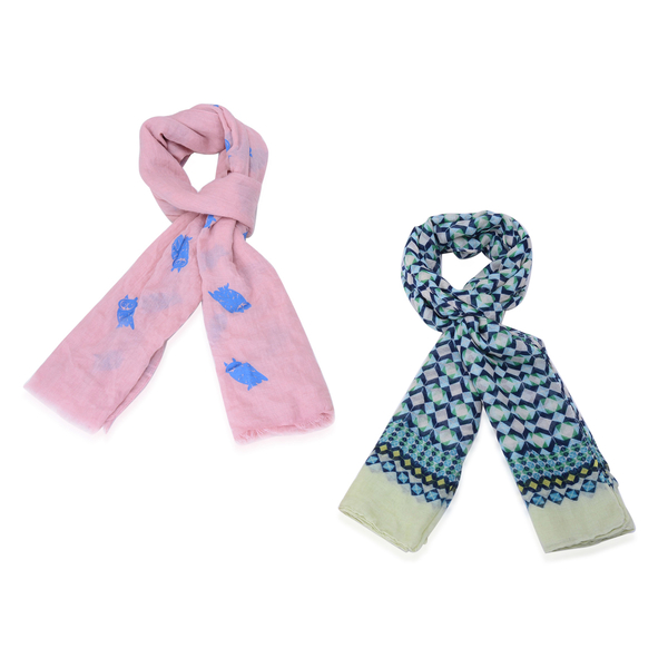 Set of 2 - Multi Colour Diamond Pattern and Royal Blue Colour Owl Pattern Pink Colour Scarf with a H