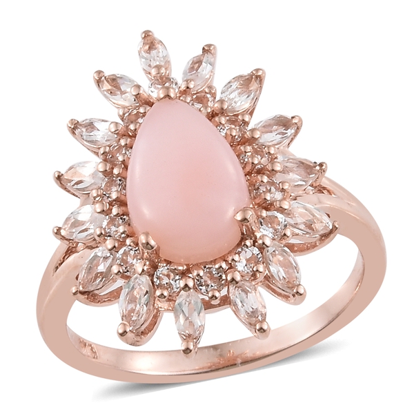 Peruvian Pink Opal (Pear 1.85 Ct), White Topaz Ring in Rose Gold Overlay Sterling Silver 4.000 Ct. S
