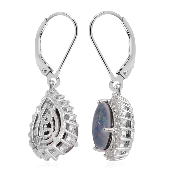 Australian Boulder Opal (Pear), Natural White Cambodian Zircon Lever Back Earrings in Platinum Overlay Sterling Silver