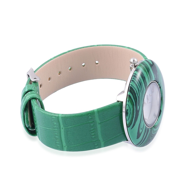 GENOA Japanese Movement Simulated Malachite, White Austrian Crystal Studded Water Resistant Watch with Stainless Steel Back and Green Strap 55.000 Ct.