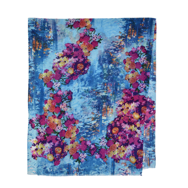 LA MAREY 100% Wool Floral Pattern Scarf (Size 67x190cm) - Turquoise
