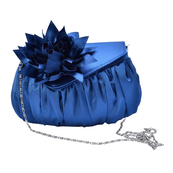 Royal Blue Satin Clutch with Dahlia Flower and Removable Chain Strap (Size 23x15 Cm)
