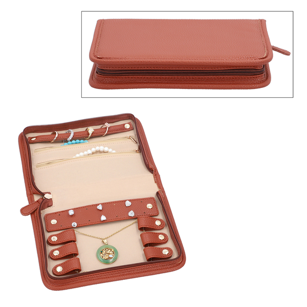 Portable Lichee Pattern Jewellery Organiser (Includes 1 Ring Band, 2 Zip Pockets, 1 Removable Earring Panel & 6 Necklace Clips) (Size 21.5x14.6x4.5cm) - Tan