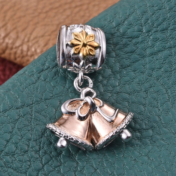 14K Gold, Platinum and Rose Gold Overlay Sterling Silver Christmas Bell Charm, Silver wt 4.35 Gms.