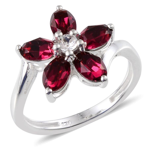 - Ruby Colour Crystal (Ovl), White Crystal Floral Ring in Sterling Silver
