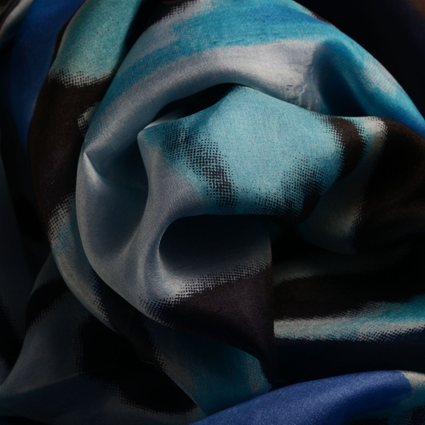 100% Mulberry Silk Capri Blue Black and Multi Colour Printed Stole (Size 180x100 Cm)