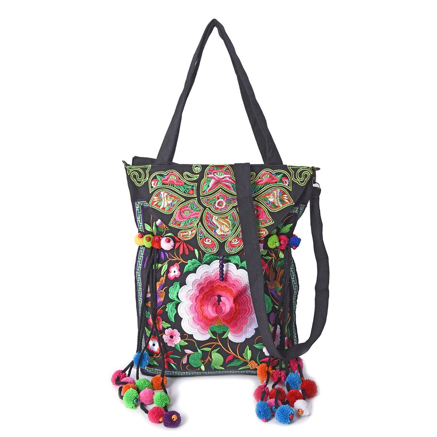 Embroidered Flower Pattern Tote Bag with Shoulder Strap and Zipper Closure in Multi Colour Size ...