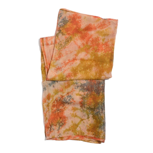 100% Mulberry Silk Orange and Multi Colour Abstract Pattern Scarf (Size 180x100 Cm)