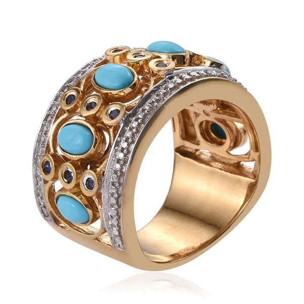 Arizona Sleeping Beauty Turquoise (Ovl), Kanchanaburi Blue Sapphire Ring in 14K Gold Overlay Sterling Silver 1.750 Ct.