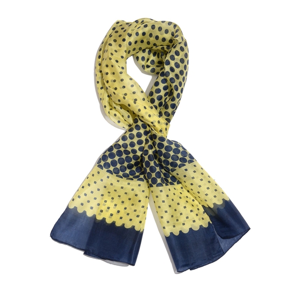 100% Mulberry Silk Navy and Yellow Colour Dots Pattern Scarf (Size 180x50 Cm)