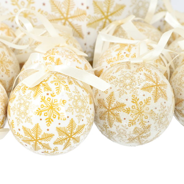 Set of 14 Christmas Decoration Snowflake Pattern Balls with Ribbon in Gift Box