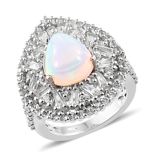 4.50 Ct Ethiopian Welo Opal and Topaz Halo Ring in Platinum Plated Silver 6.36 Grams