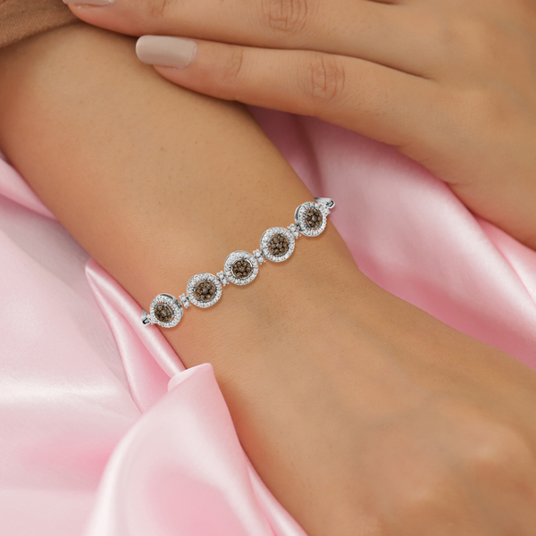 Champagne Diamond and White Diamond Bracelet (Size 7.5) in Platinum Overlay Sterling Silver 1.00 Ct, Silver wt. 8.00 Gms
