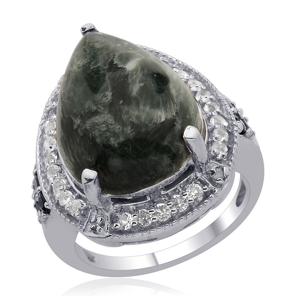 Siberian Seraphinite (Pear 8.00 Ct), Kanchanaburi Blue Sapphire, White Topaz and Diamond Ring in Pla