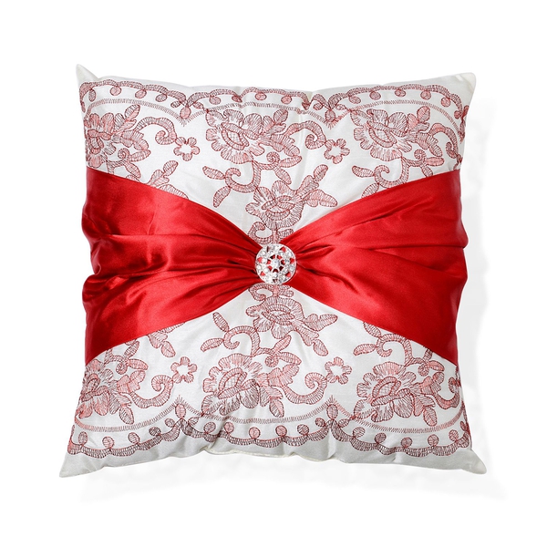 Red Colour Flowers Embroidered White Colour Cushion with Red Colour Christmas Bowknot and Synthetic 