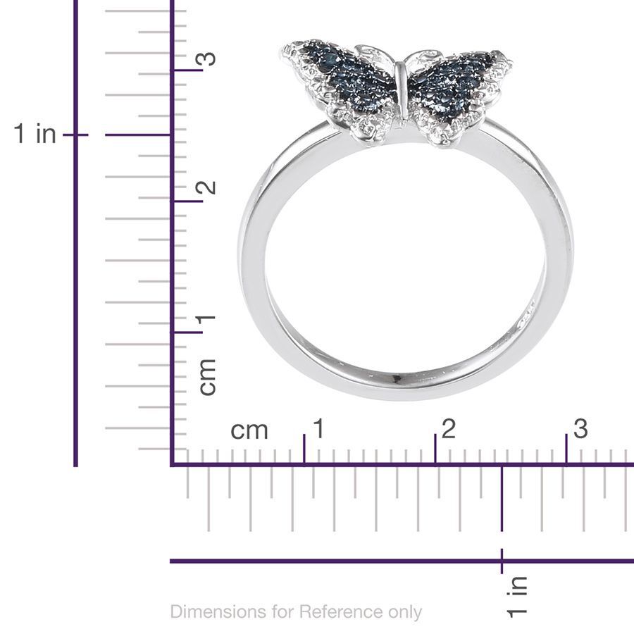 Blue Diamond (Rnd), White Diamond Butterfly Ring in Platinum Overlay Sterling Silver