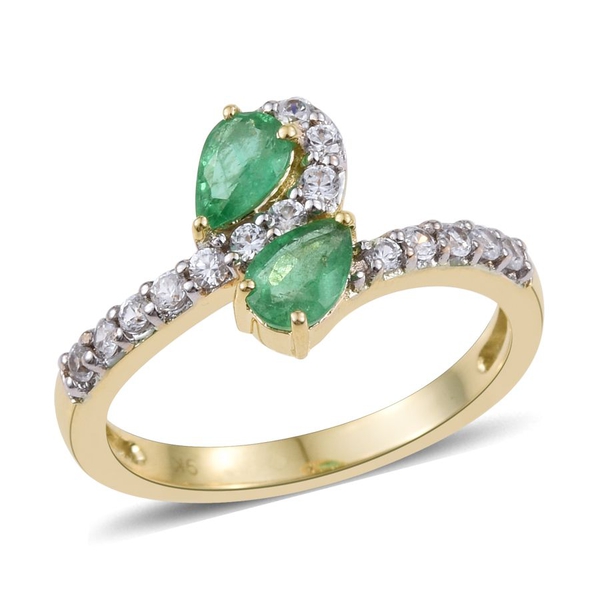 9K Yellow Gold 1.25 Carat Boyaca Colombian Emerald Pear Crossover Ring with Natural Cambodian Zircon