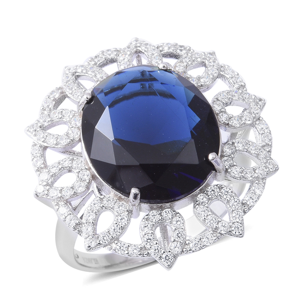 ELANZA Simulated Blue Sapphire (Ovl 16x14 mm), Simulated Diamond Ring in Rhodium Overlay Sterling Si