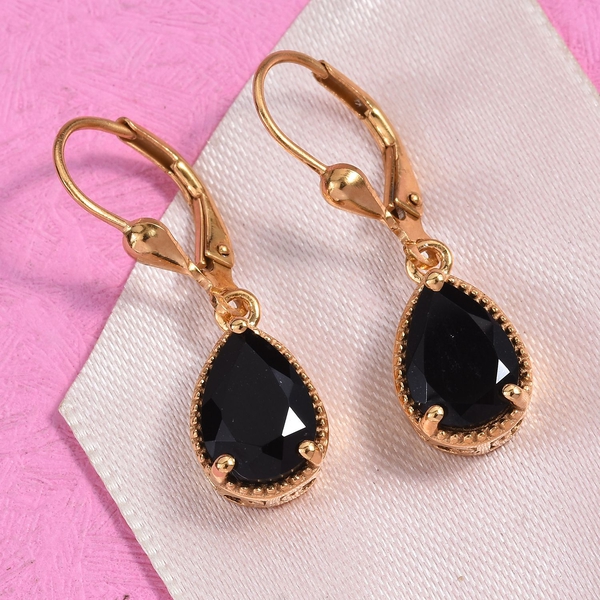 Black Tourmaline (Pear) Lever Back Earrings in 14K Gold Overlay Sterling Silver 3.500 Ct.