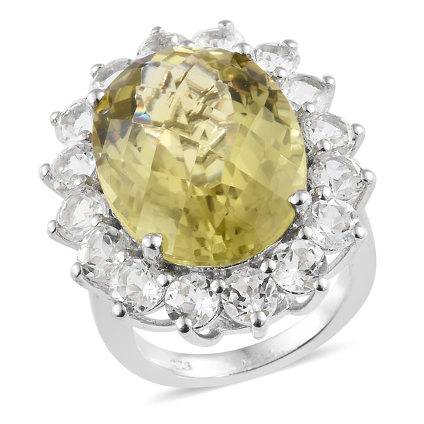 21.50 Ct Green Gold Quartz and White Topaz Halo Ring in Platinum Plated Silver 6.18 grams