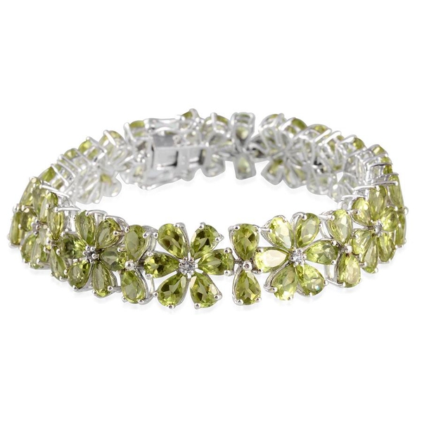 Hebei Peridot (Pear), White Topaz Floral Bracelet (Size 7) in Platinum Overlay Sterling Silver 40.40