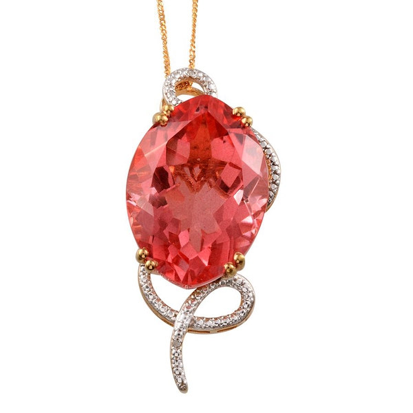 Padparadscha Colour Quartz (Mrq 33.00 Ct), Diamond Pendant With Chain in 14K Gold Overlay Sterling S
