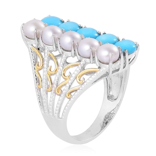 Fresh Water White Pearl (Rnd), Arizona Sleeping Beauty Turquoise Ring in Rhodium Plated and Yellow Gold Overlay Sterling Silver