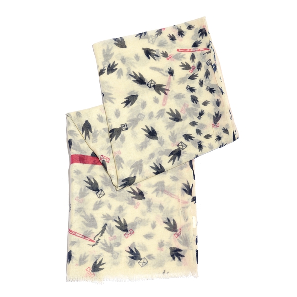 100% Merino Wool Black, White and Red Colour Birds with Envelope Printed Scarf (Size 190X75 Cm)