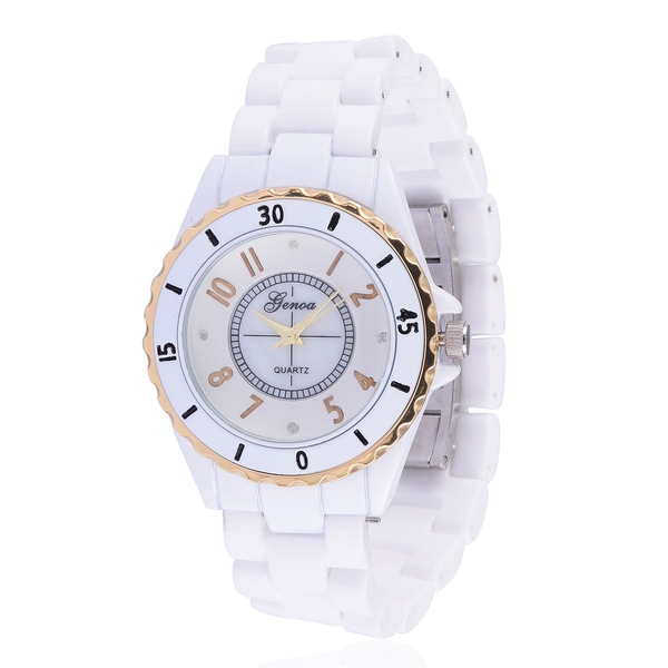 Diamond studded GENOA White Ceramic Japanese Movement Watch with MOP Dial Water Resistant in Gold To