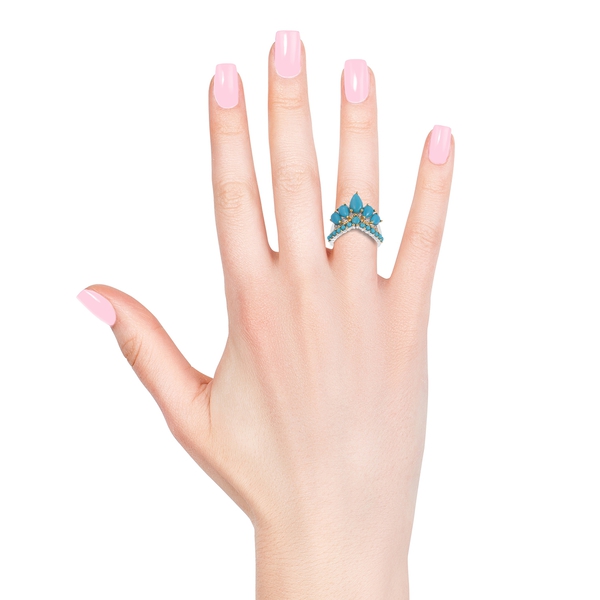 AA Arizona Sleeping Beauty Turquoise (Pear), Natural White Cambodian Zircon Crown Ring in Rhodium and Yellow Gold Overlay Sterling Silver 2.400 Ct.