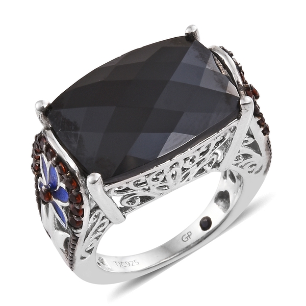 GP 16.50 Ct Boi Ploi Black Spinel and Multi Gemstone Classic Ring in Platinum Plated Silver