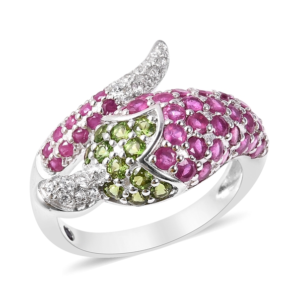 GP 4.15 Ct African Ruby and Multi Gemstone Chilli Pepper Design Ring in Rhodium Plated Silver
