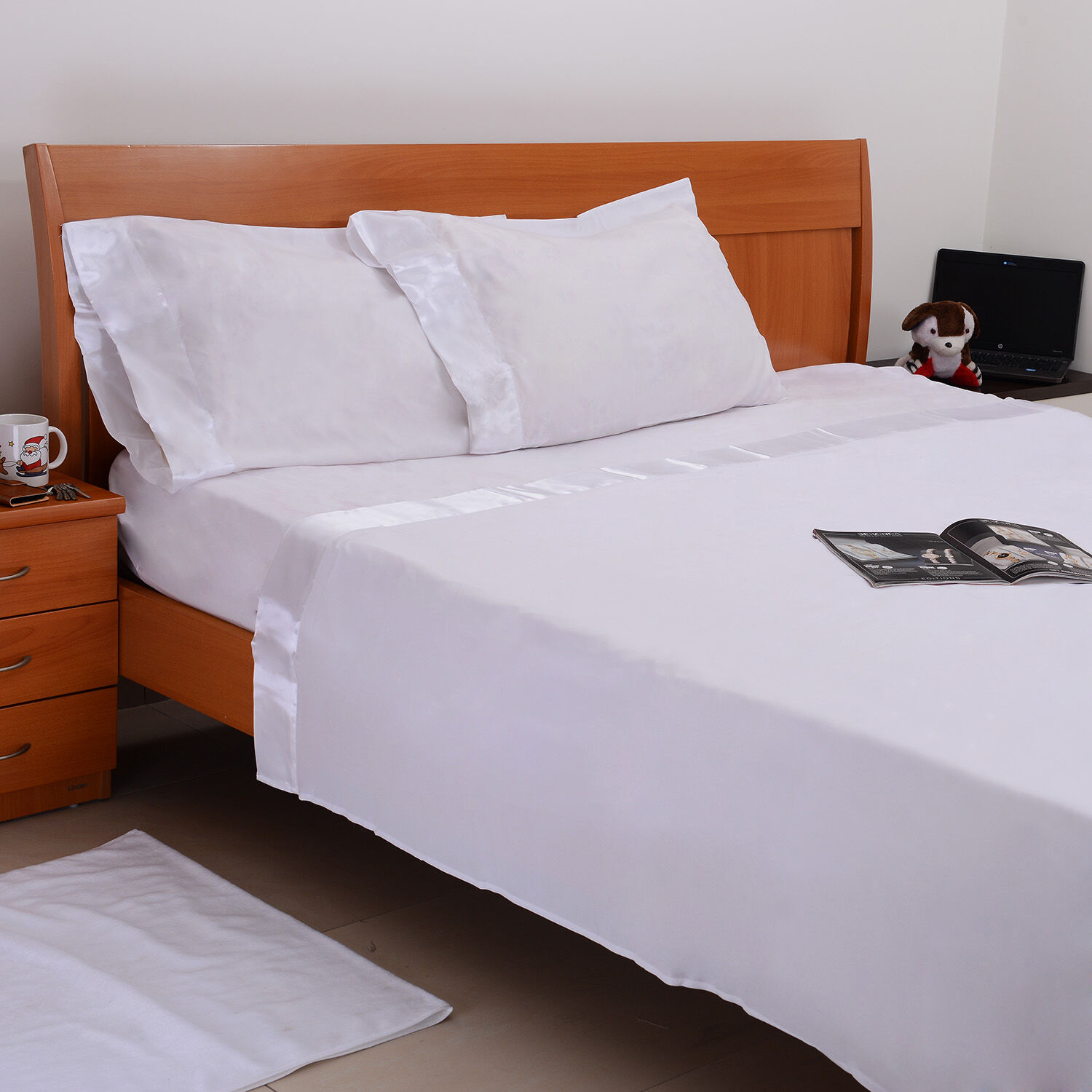 White Colour One Fitted Single Bed Sheet (Size 75x36 Inch), One Flat Sheet (Size 102x70 Inch) and Two Pillow Cases (Size 30x20 Inch) with Satin Hem (4 inch)